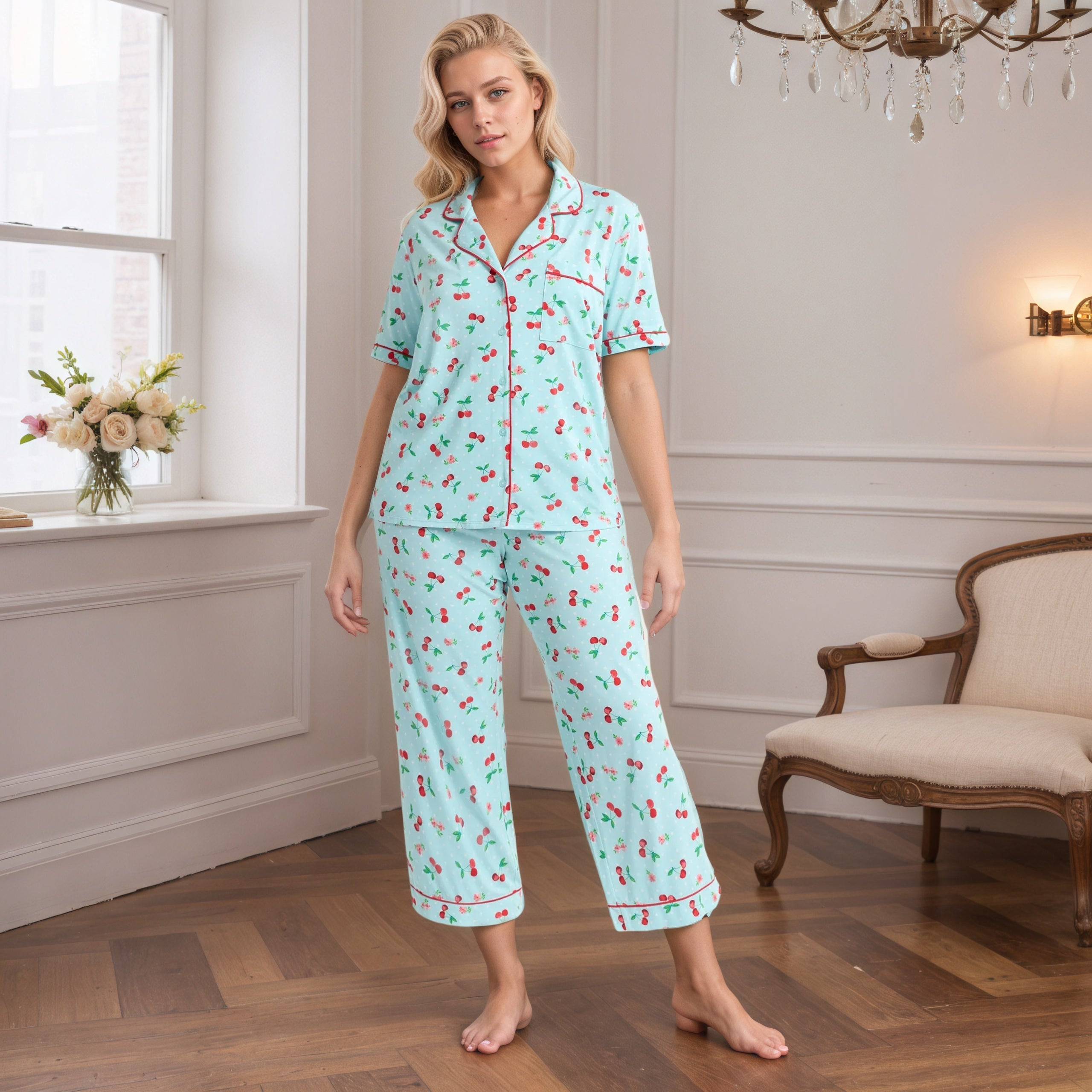 Dreamy Soft Collection Notch Collar Short Sleeve Knit Top And Pajama Set-Original Pajamas