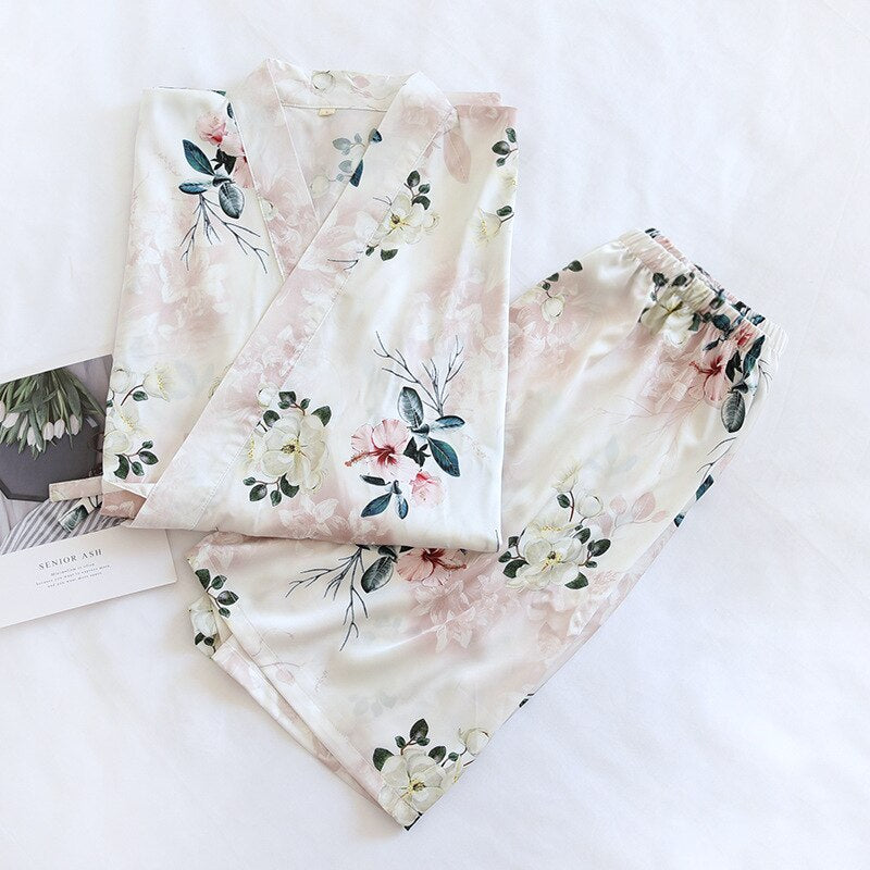 Women's Satin Chiffon Kimono 2 Piece Set-Original Pajamas