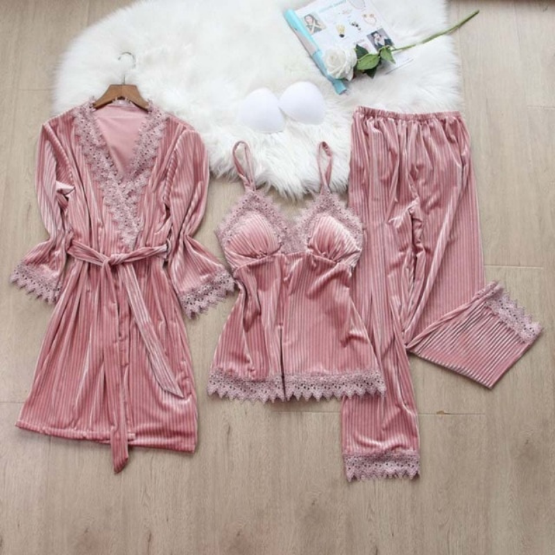 Velvet Sleepwear 3 Piece Pajamas Lace Trim Solid-Original Pajamas