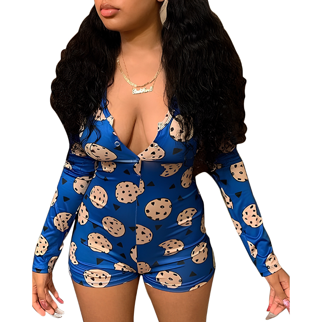 Long Sleeve Printed One Piece Pajama Romper Loungewear Outfit For Women