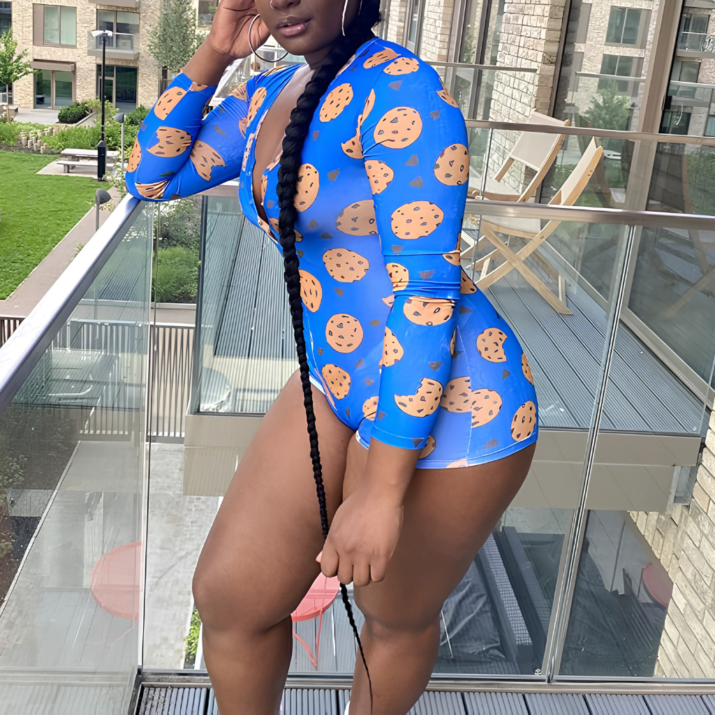 Long Sleeve Printed One Piece Pajama Romper Loungewear Outfit For Women