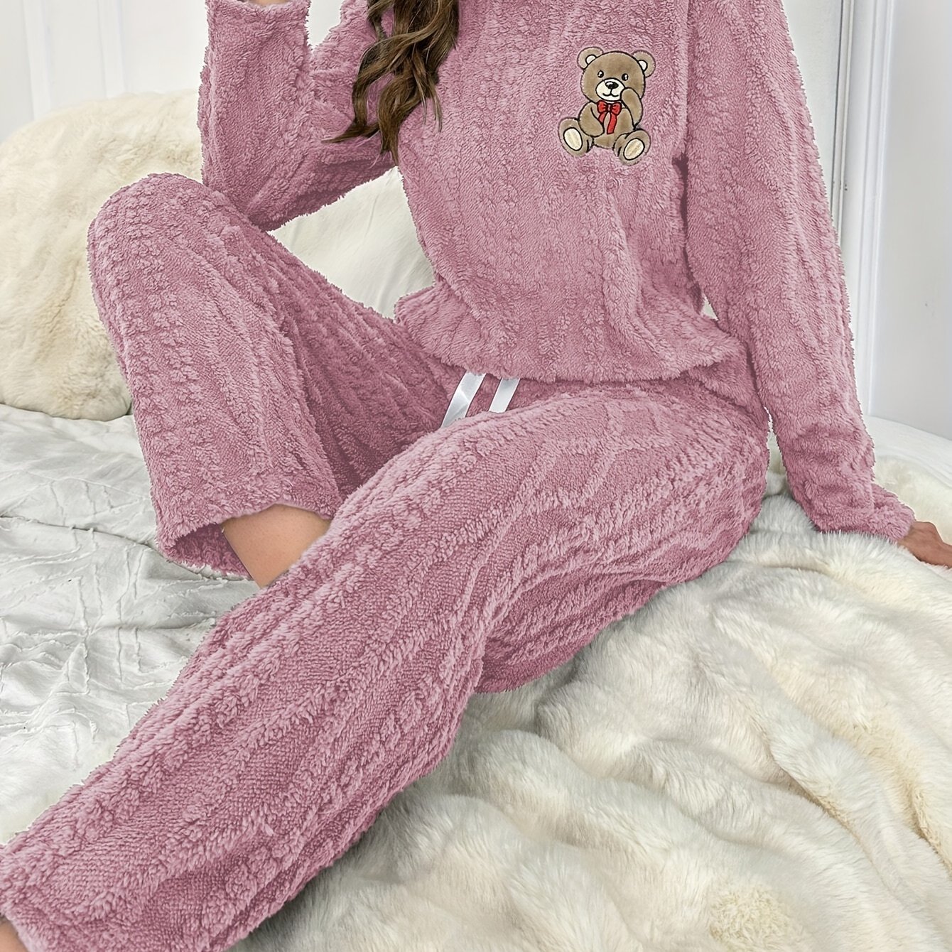 Embroidered Jacquard Bear Long Sleeve Top And Pant Set