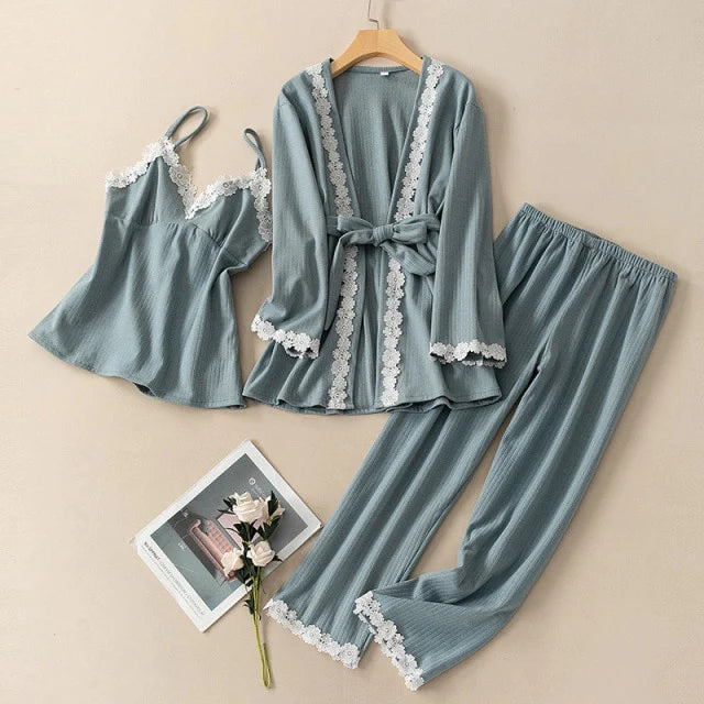 3 Piece Pajamas Cotton Autumn Polyester Lace Pajamas