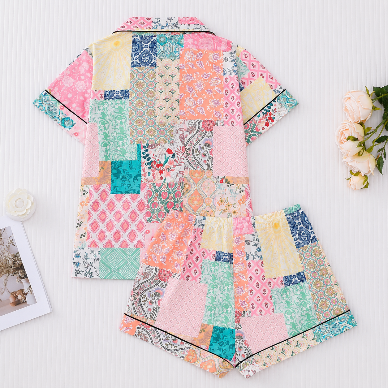 Casual Floral Print Button Up Shirt And Elastic Shorts Pajama Set For Women