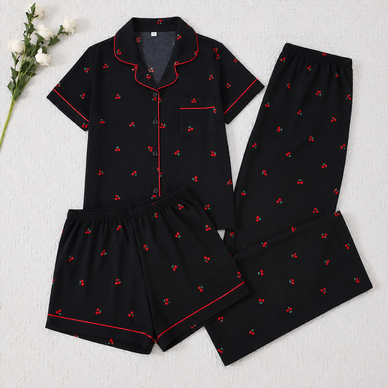 Casual Sleepwear 3 Piece Front Top Pajama Set With Button For Women