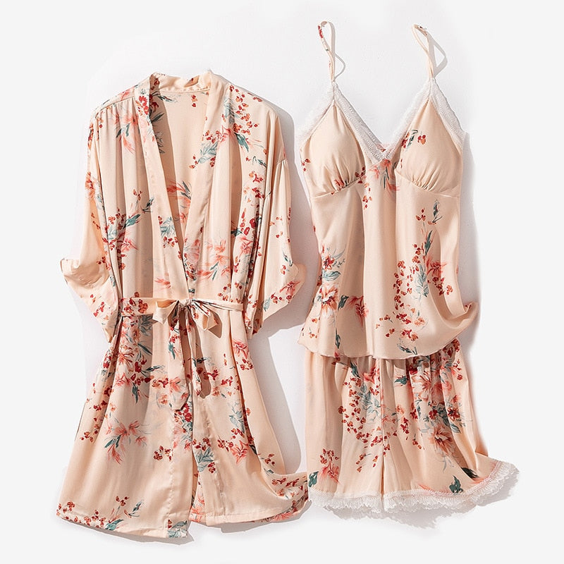 Floral Rayon 3 Piece Pajama Set Lady Nightwear With Chest Pads-Original Pajamas