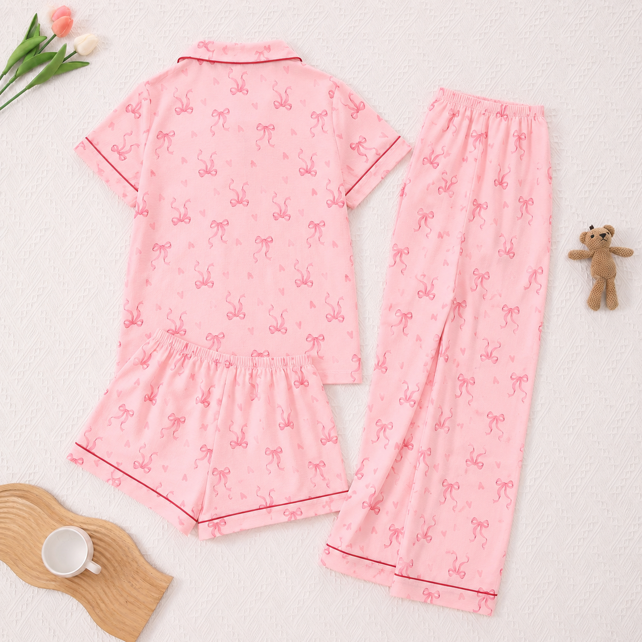 Casual Sleepwear 3 Piece Front Top Pajama Set With Button For Women