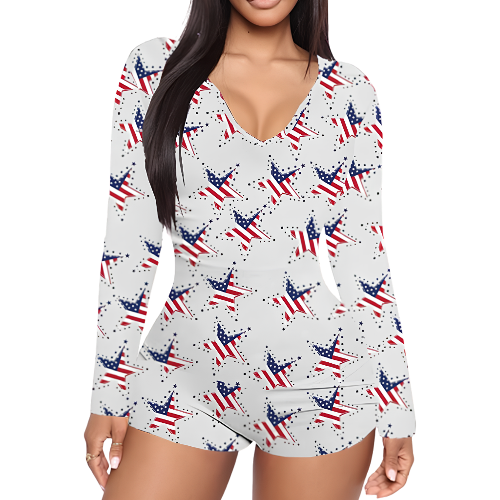 American Flag Printed Patriotic Romper Jumpsuit For Women