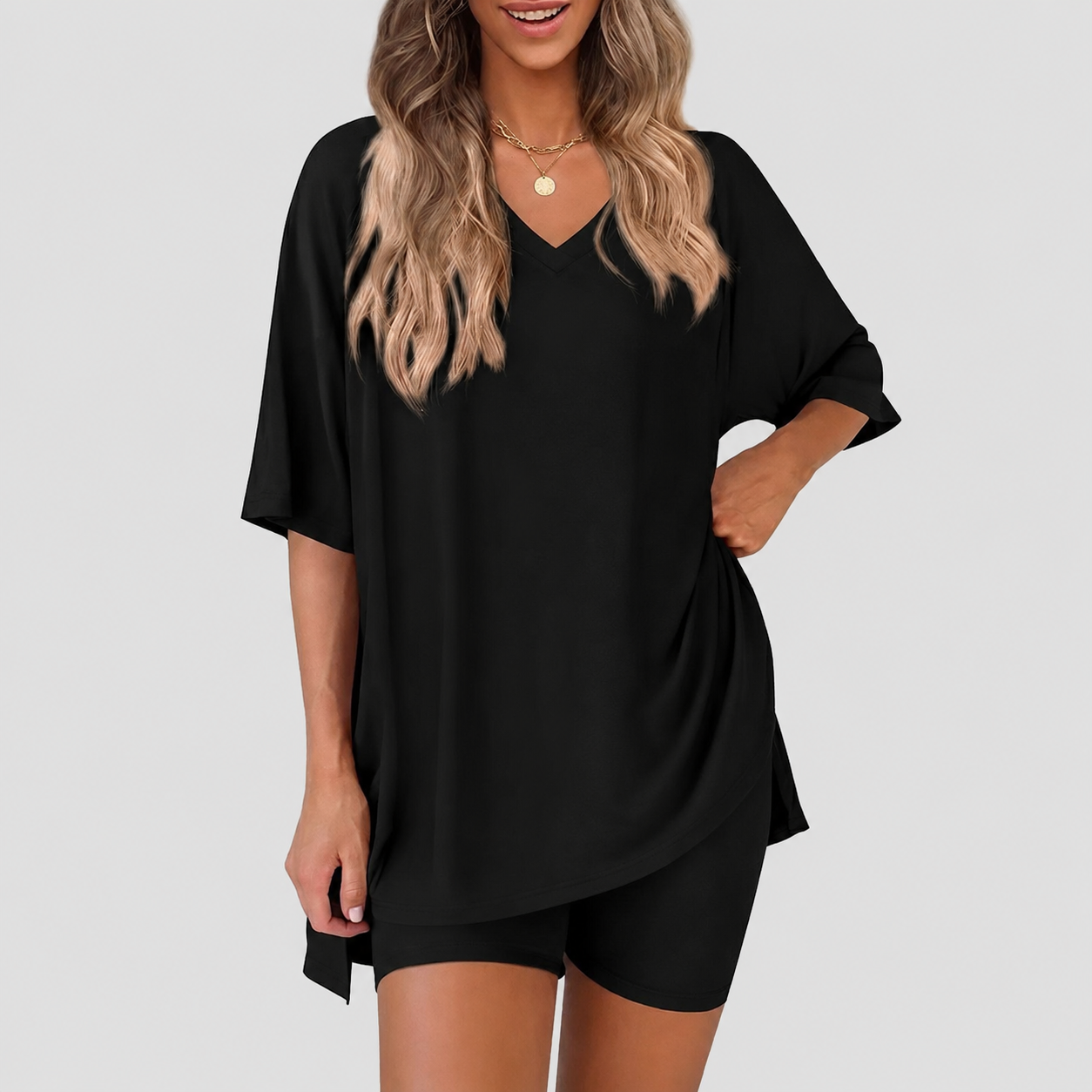 Casual Solid 2 Piece Loungewear Set Shorts For Women