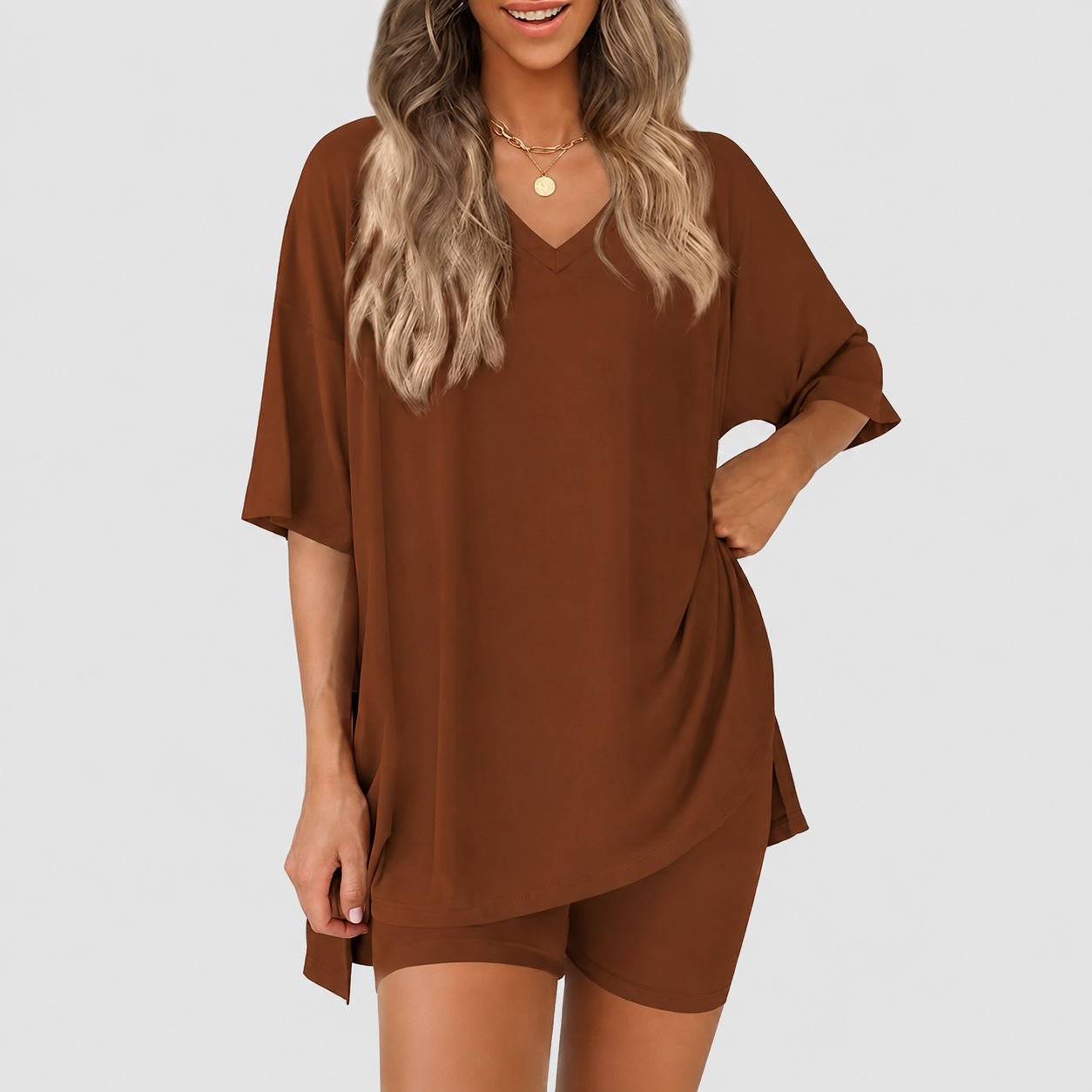 Casual Solid 2 Piece Loungewear Set Shorts For Women