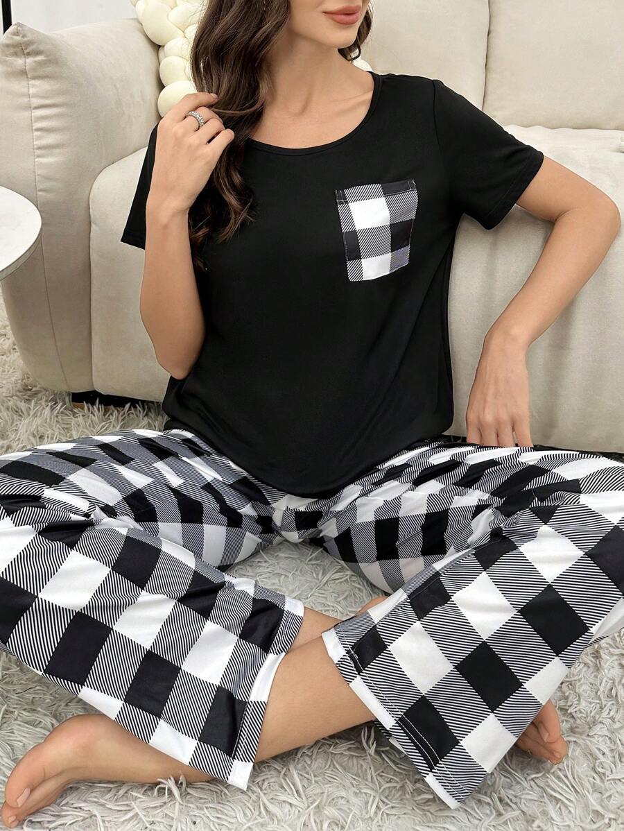 2 Pieces Plaid Pajama Set With Pockets-Original Pajamas
