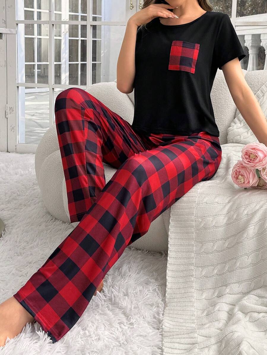2 Pieces Plaid Pajama Set With Pockets-Original Pajamas