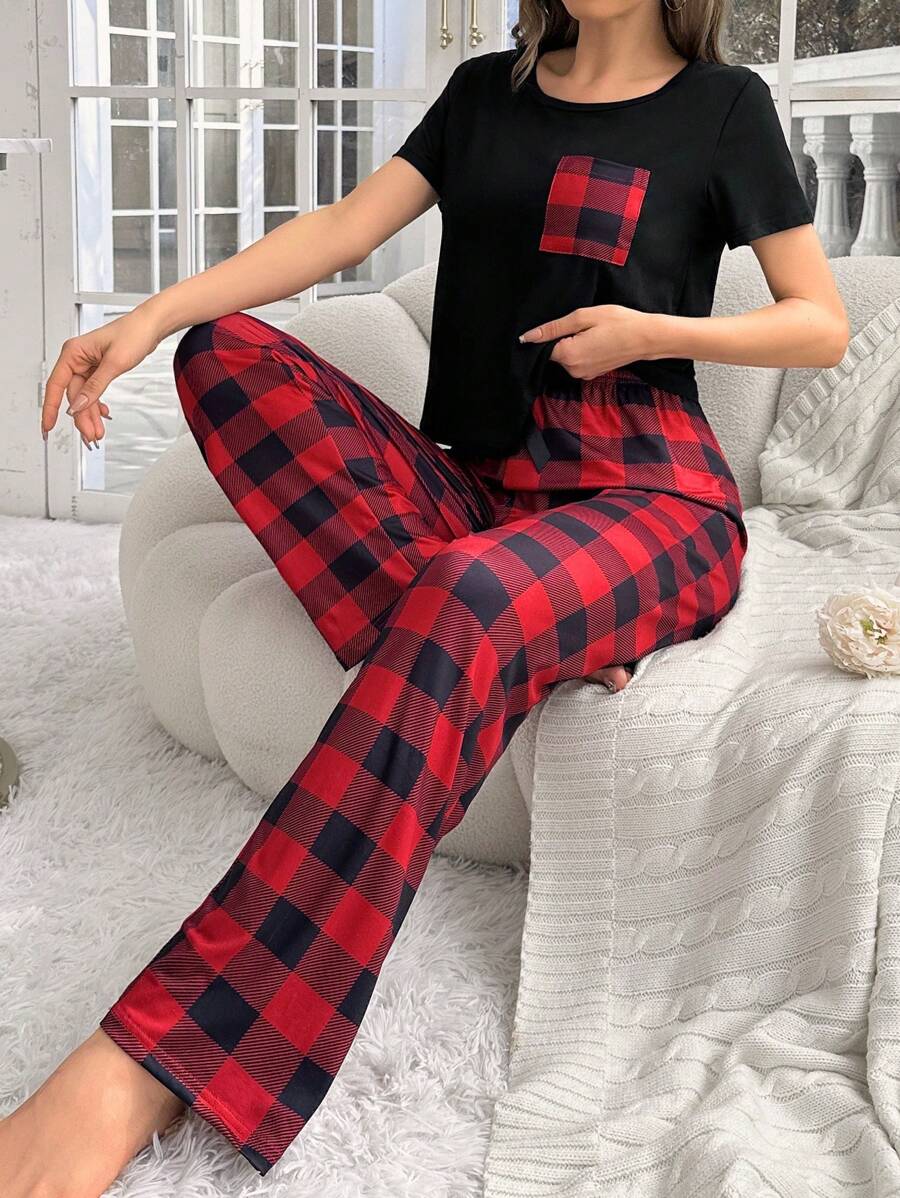 2 Pieces Plaid Pajama Set With Pockets-Original Pajamas