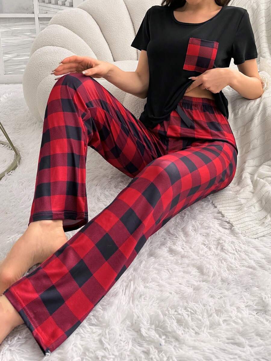 2 Pieces Plaid Pajama Set With Pockets-Original Pajamas