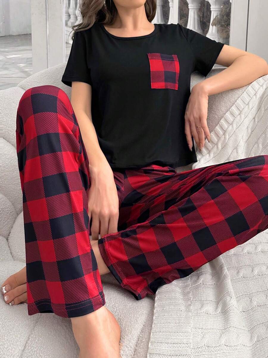 2 Pieces Plaid Pajama Set With Pockets-Original Pajamas