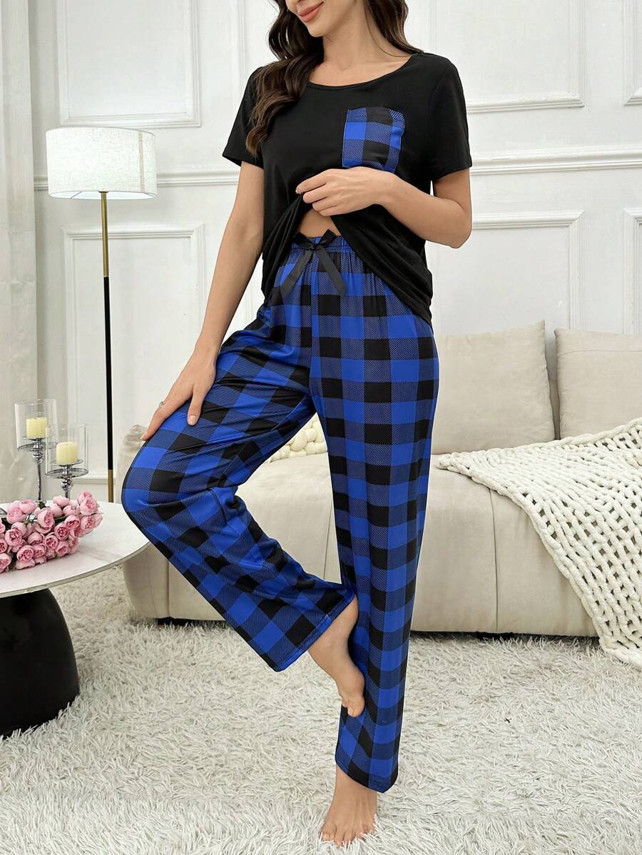2 Pieces Plaid Pajama Set With Pockets-Original Pajamas