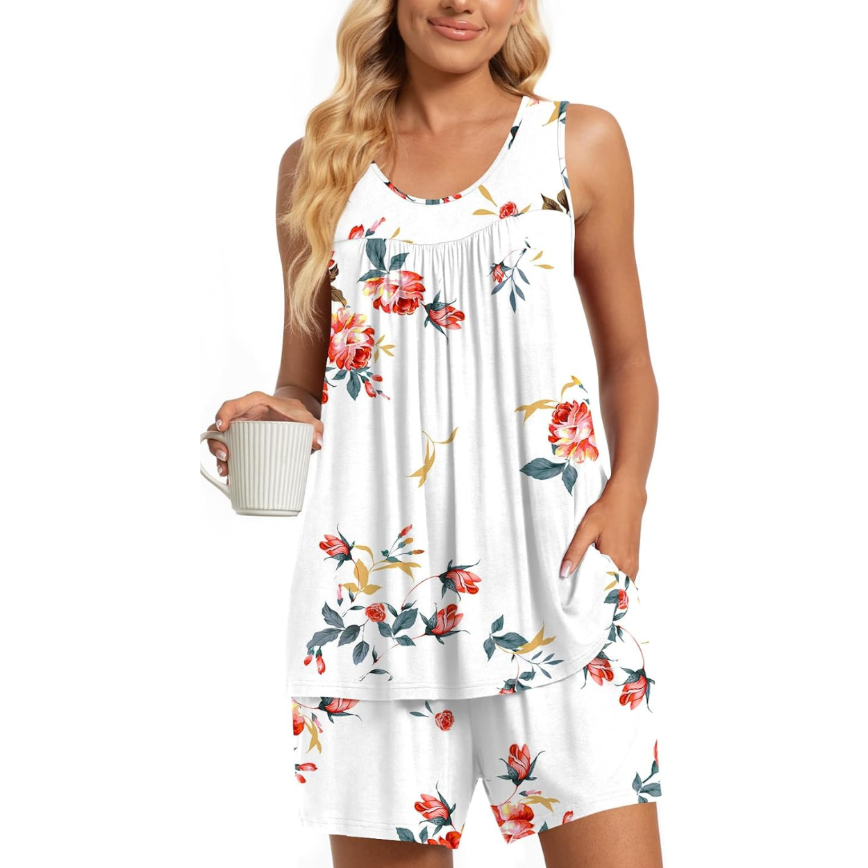 2 Piece Sleeveless Pajama Set With Pockets For Women