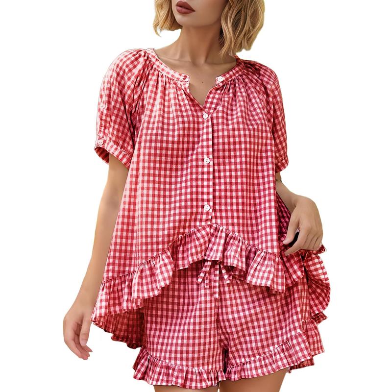 Ruffle Shirt And Plaid Shorts Two Piece Outfit Set