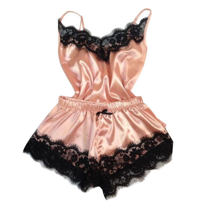 Women's Black Lace V-Neck Pajamas Set-Original Pajamas