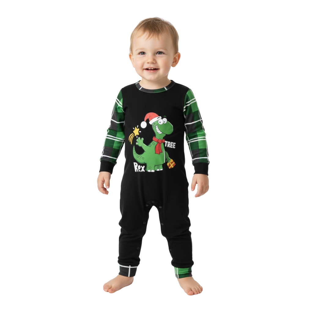 Dinosaur Rex Tree Printed Plaid Family Matching Christmas Pajama Set