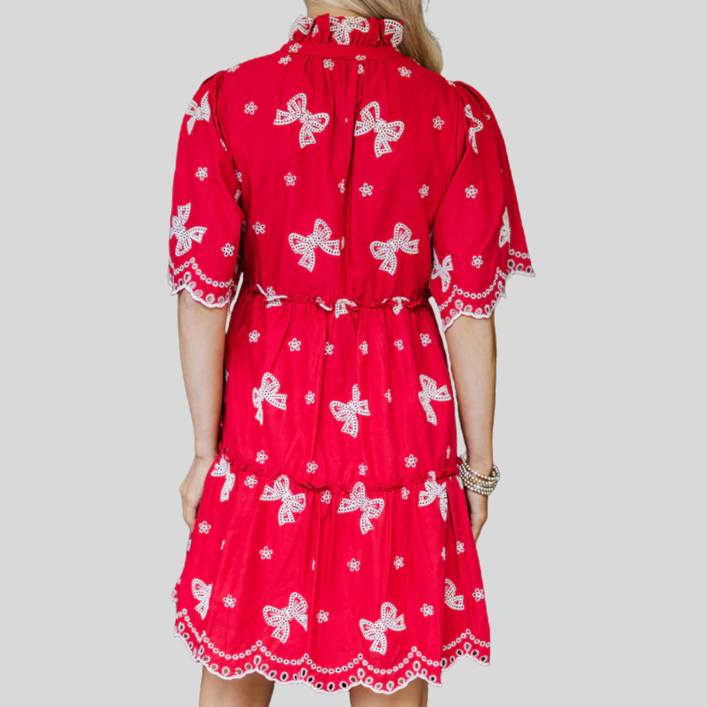 Bow Printed Embroidered Dress For Women