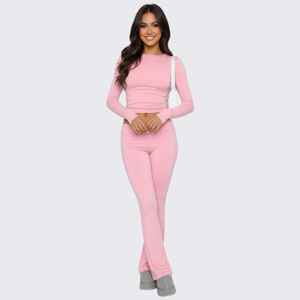 Long Sleeve Crop Top And Flare Pants Loungewear Set For Women