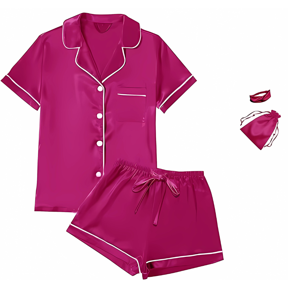 4Pcs Womens Satin Silky Short Sleeve Shirt Pajamas Set