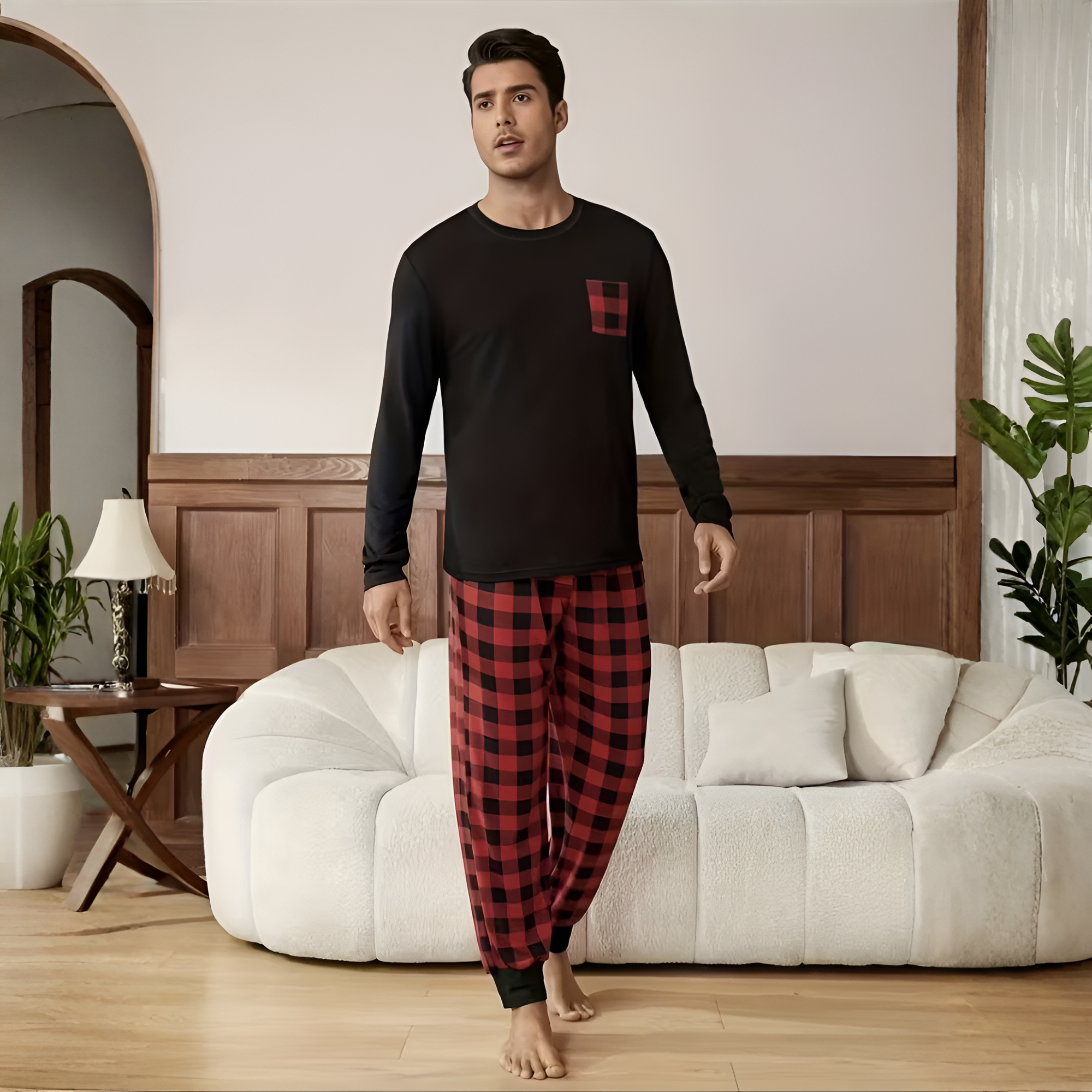 Plaid Designed Lounge Pajama Set For Couple With Pockets