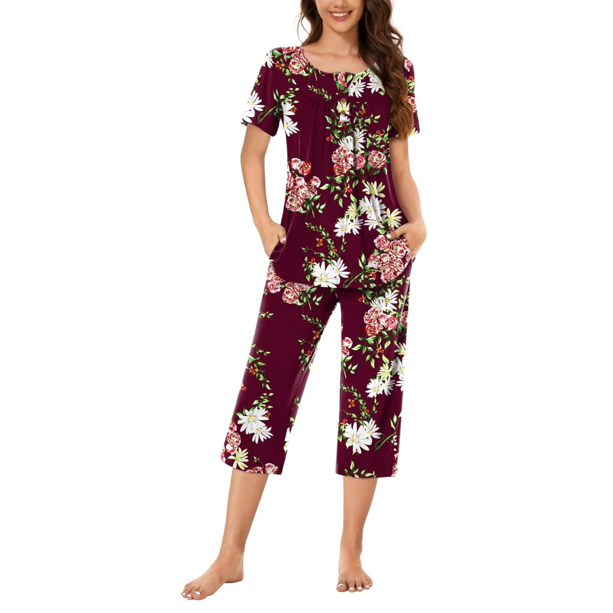 2 Piece Summer Pajama Set with Capri Pants For Women