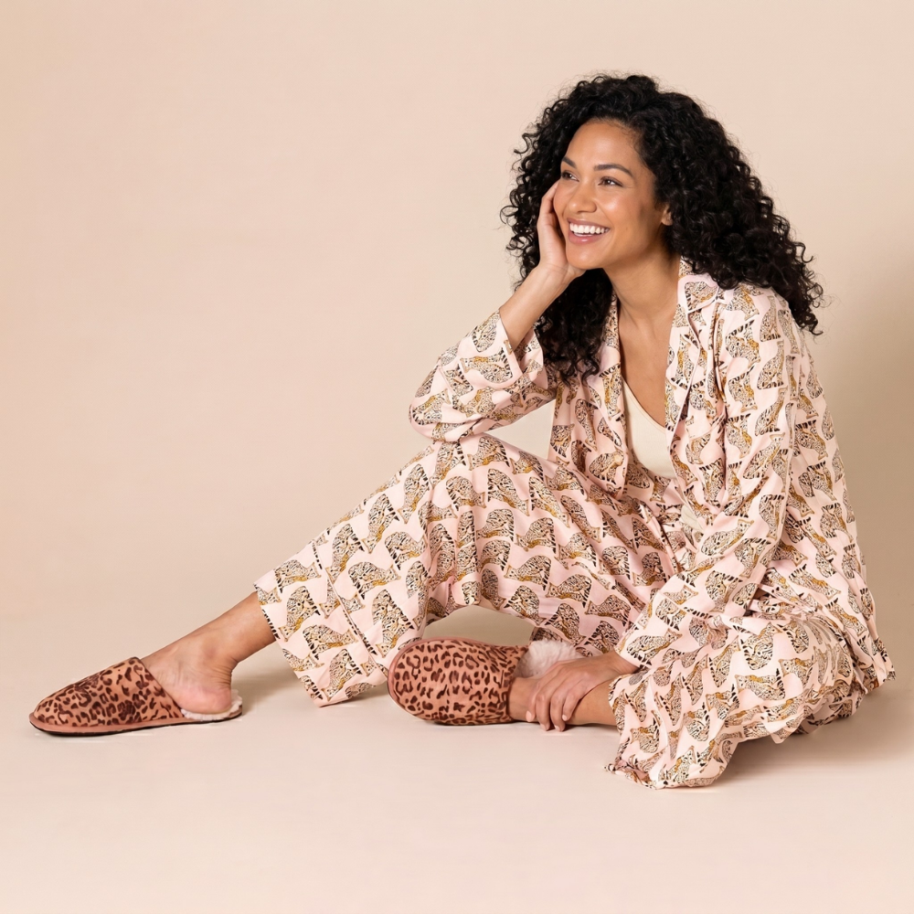 Cheetah Printed Long Sleeve Satin Pajama Shirt