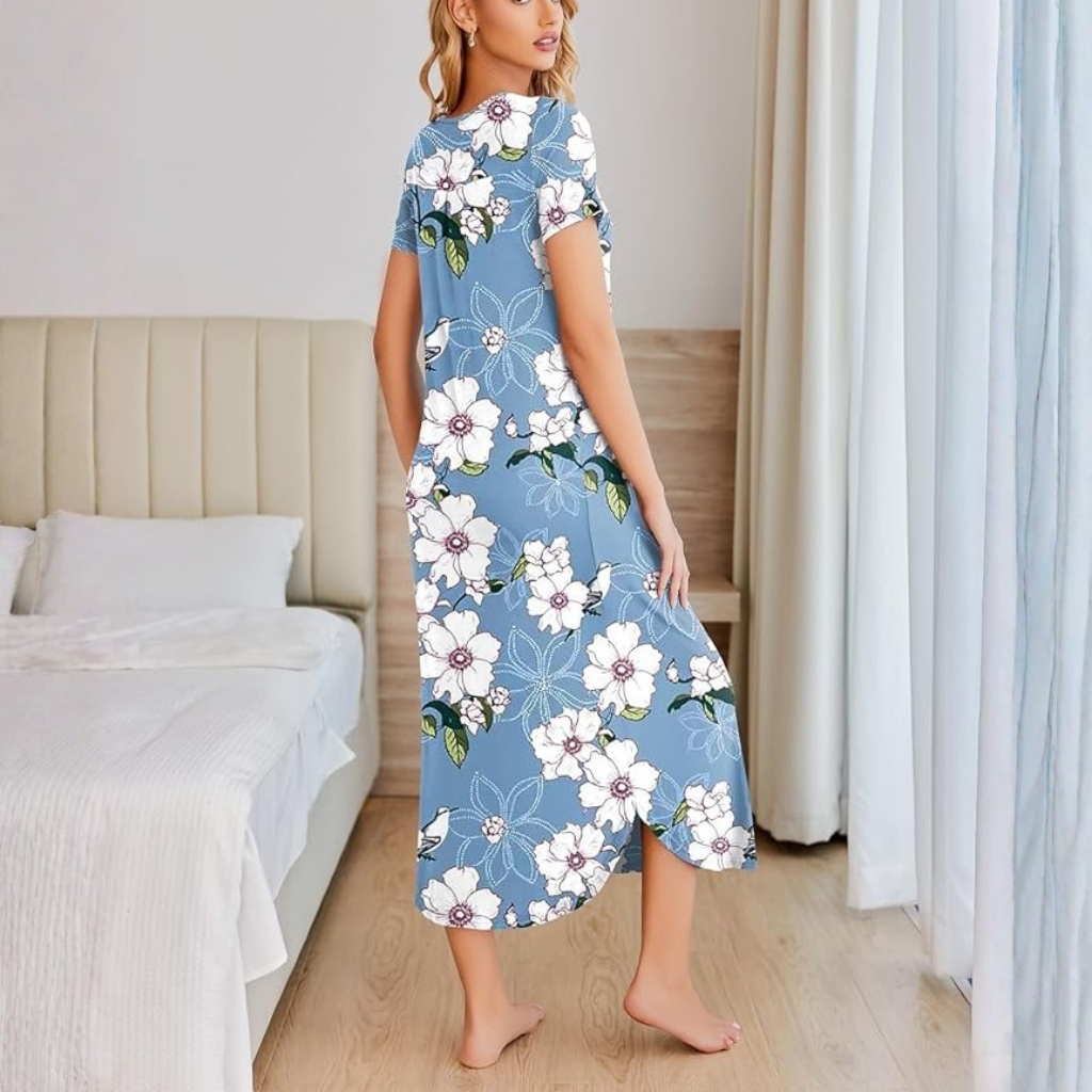 Pleated Long Nightgown Short Sleeve For Women