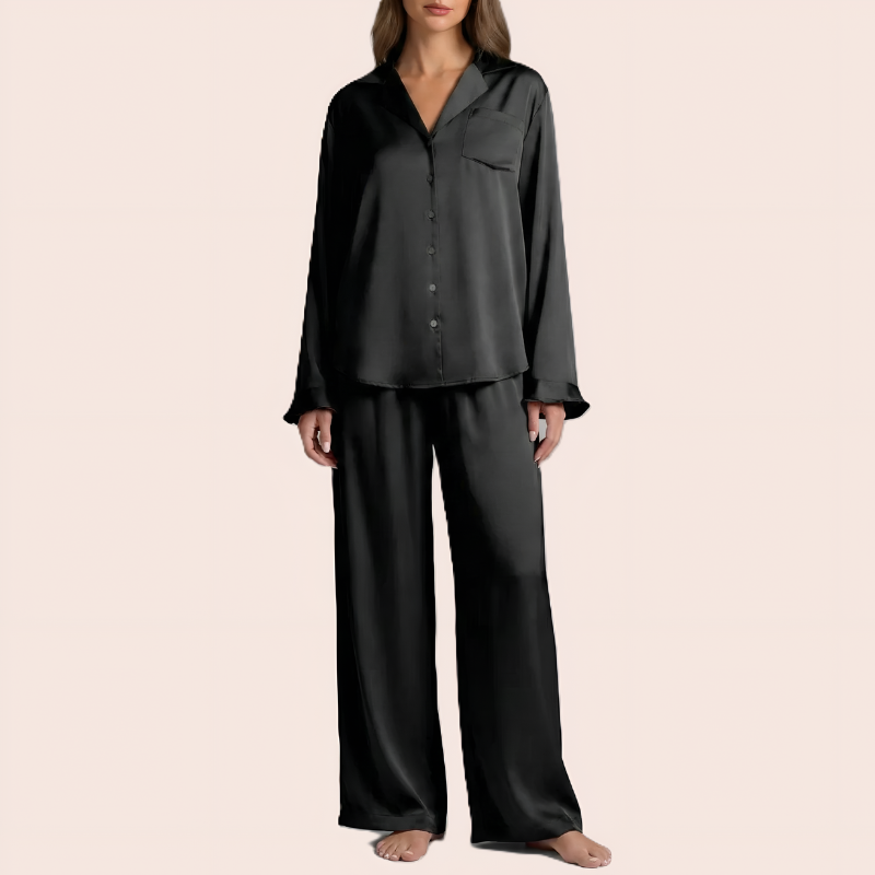 Ruffled Satin Long Sleeve Pajama Set