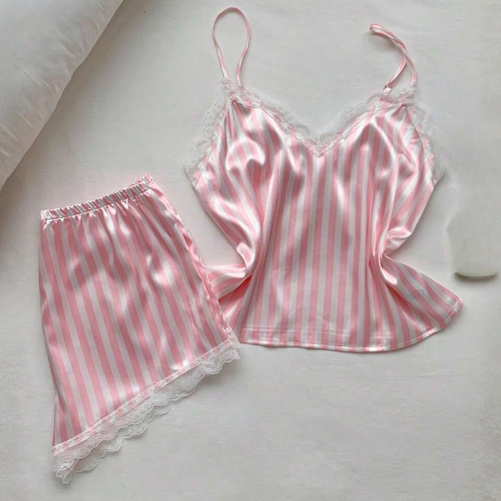 Vertical Stripe Lace Trim Satin Cami Top And Shorts Pajama Set For Women