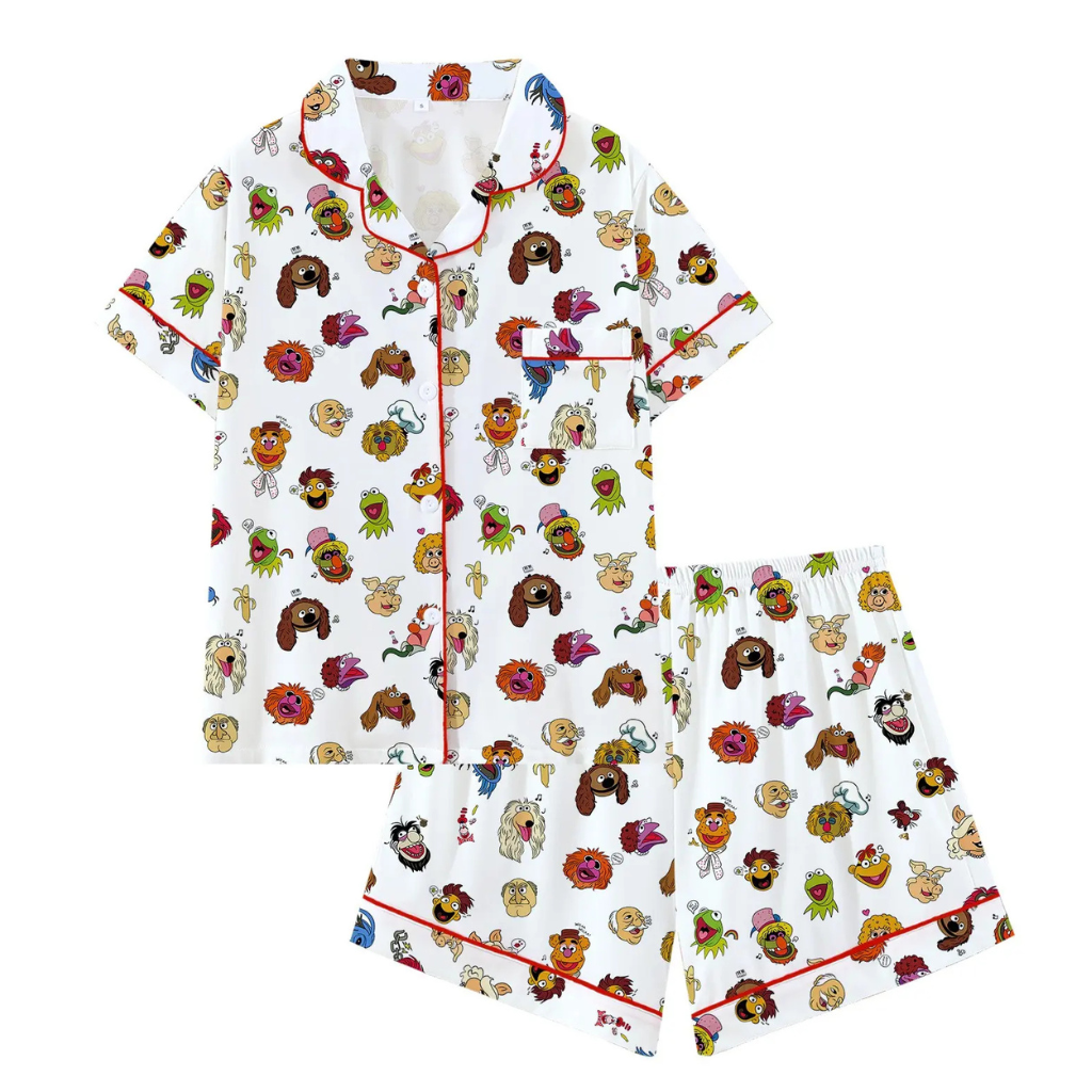 Cartoon Prints Loose Fitting Short Sleeve Sleepwear Set For Women