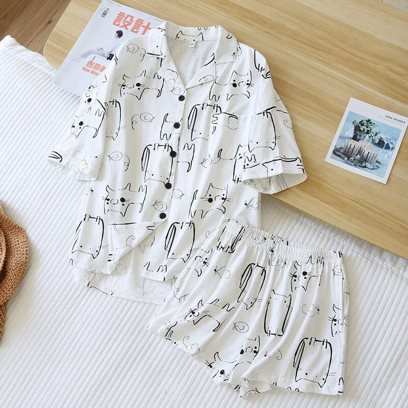 Women's Cat Print 2 Piece Pajama Set-Original Pajamas