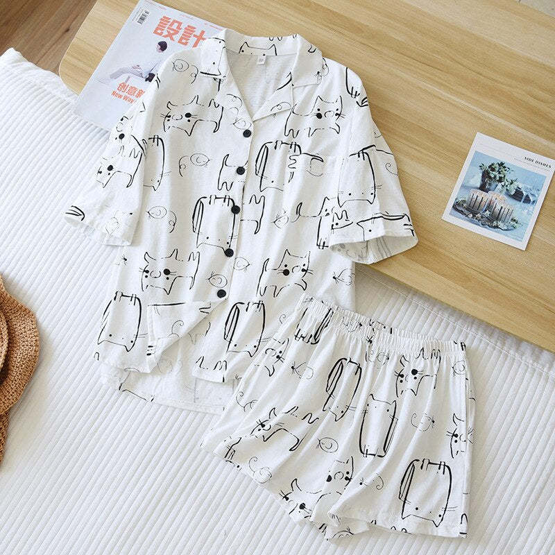Women's Cat Print 2 Piece Pajama Set-Original Pajamas