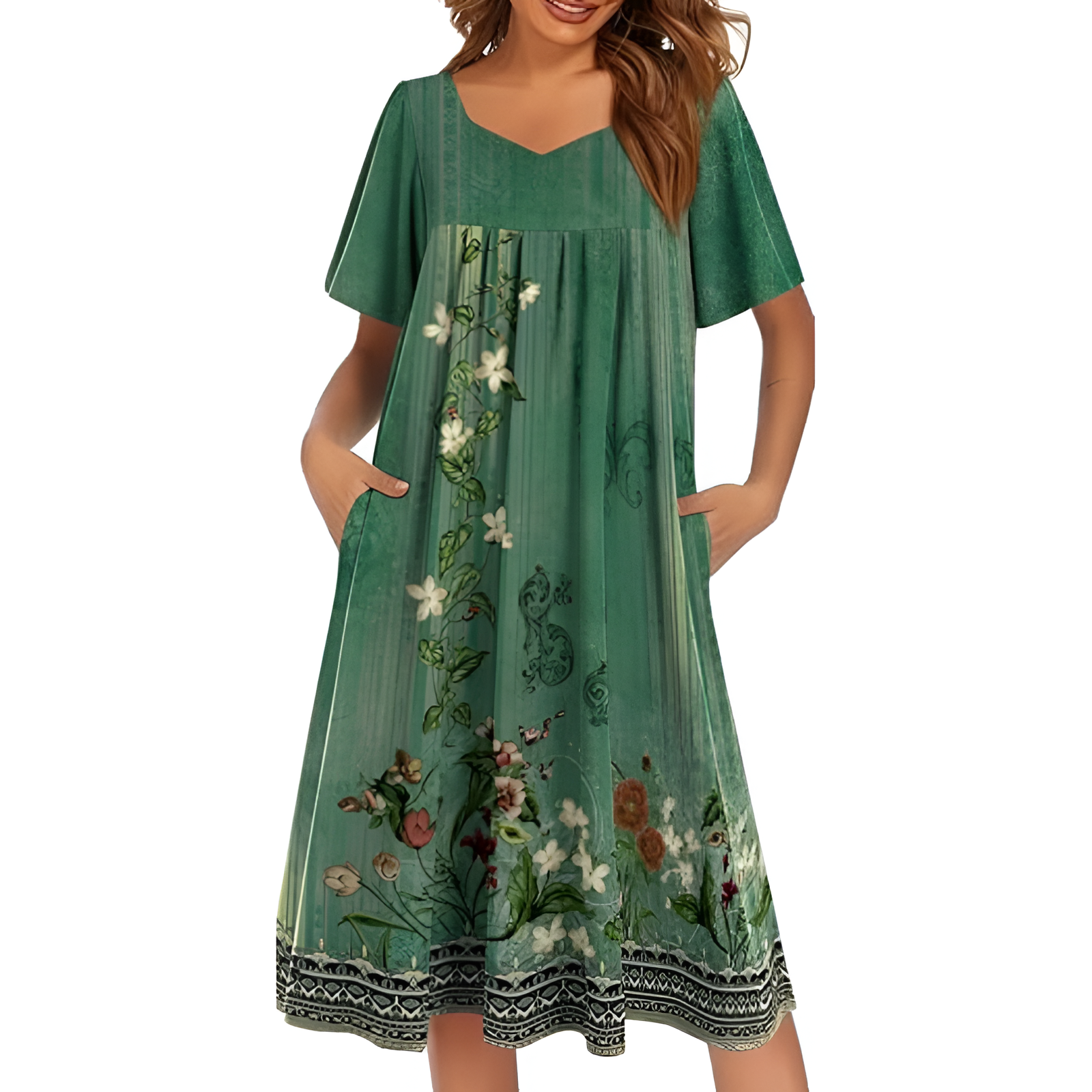 Pleated Nightgown With Short Sleeves And Pockets For Women