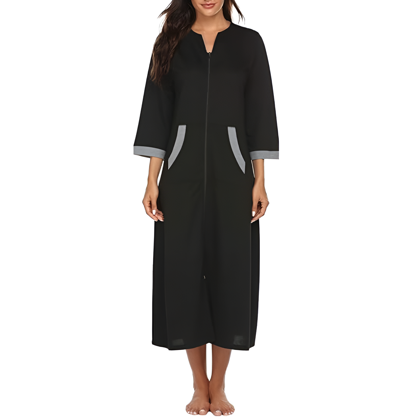 Women Zipper Robe Sleeves Loungewear Dress Full Length Sleepwear Pockets
