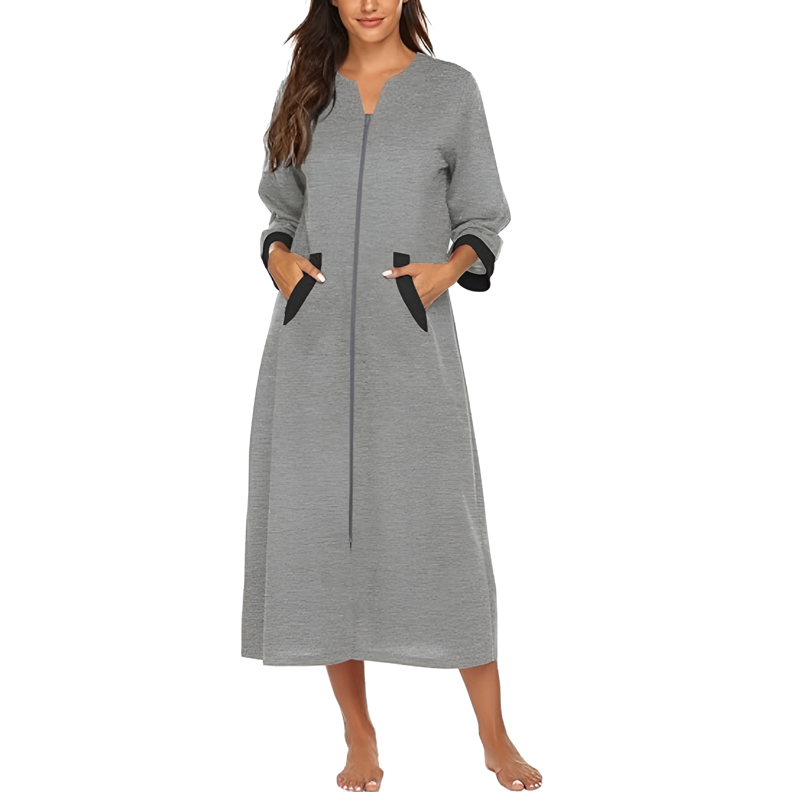 Women Zipper Robe Sleeves Loungewear Dress Full Length Sleepwear Pockets