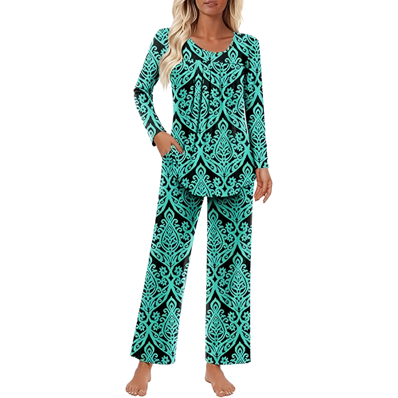 Long Sleeve Top And Loose Pants Two Piece Matching Pajama Set For Women