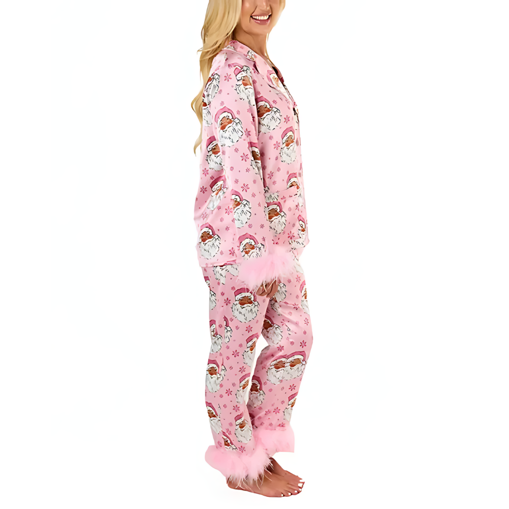Santa Print Feather Trim Holiday Pajama Set-Original Pajamas