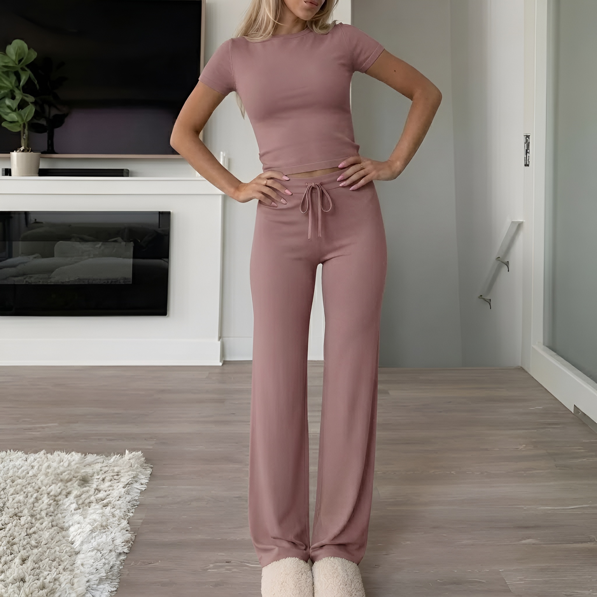 2 Piece Comfy Round Design Top And Pants Set For Women