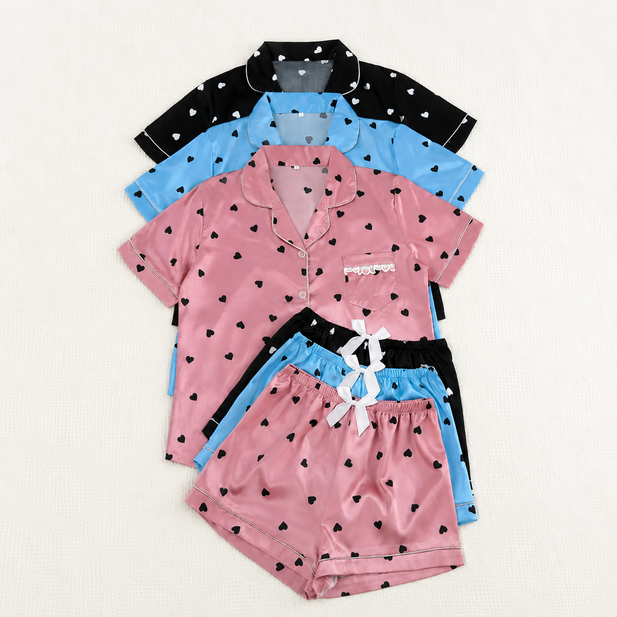 Solid Contrast Binding Bow Decor Pajama Set Sleeve Loungewear For Women