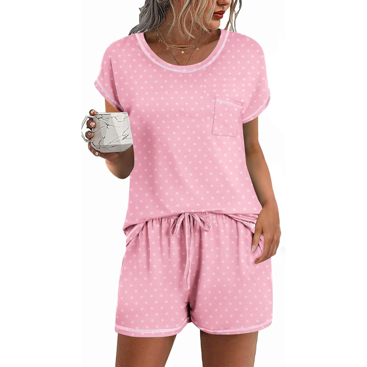 2 Piece Comfortable Pajama Set With Short Sleeve Top And Pocket Shorts For Women