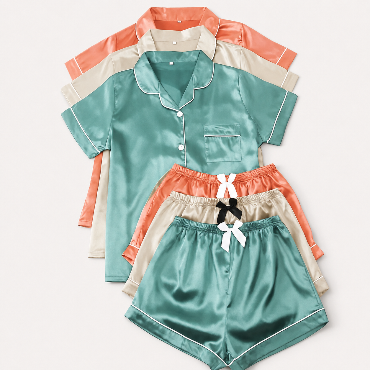 Solid Contrast Binding Bow Decor Pajama Set Sleeve Loungewear For Women