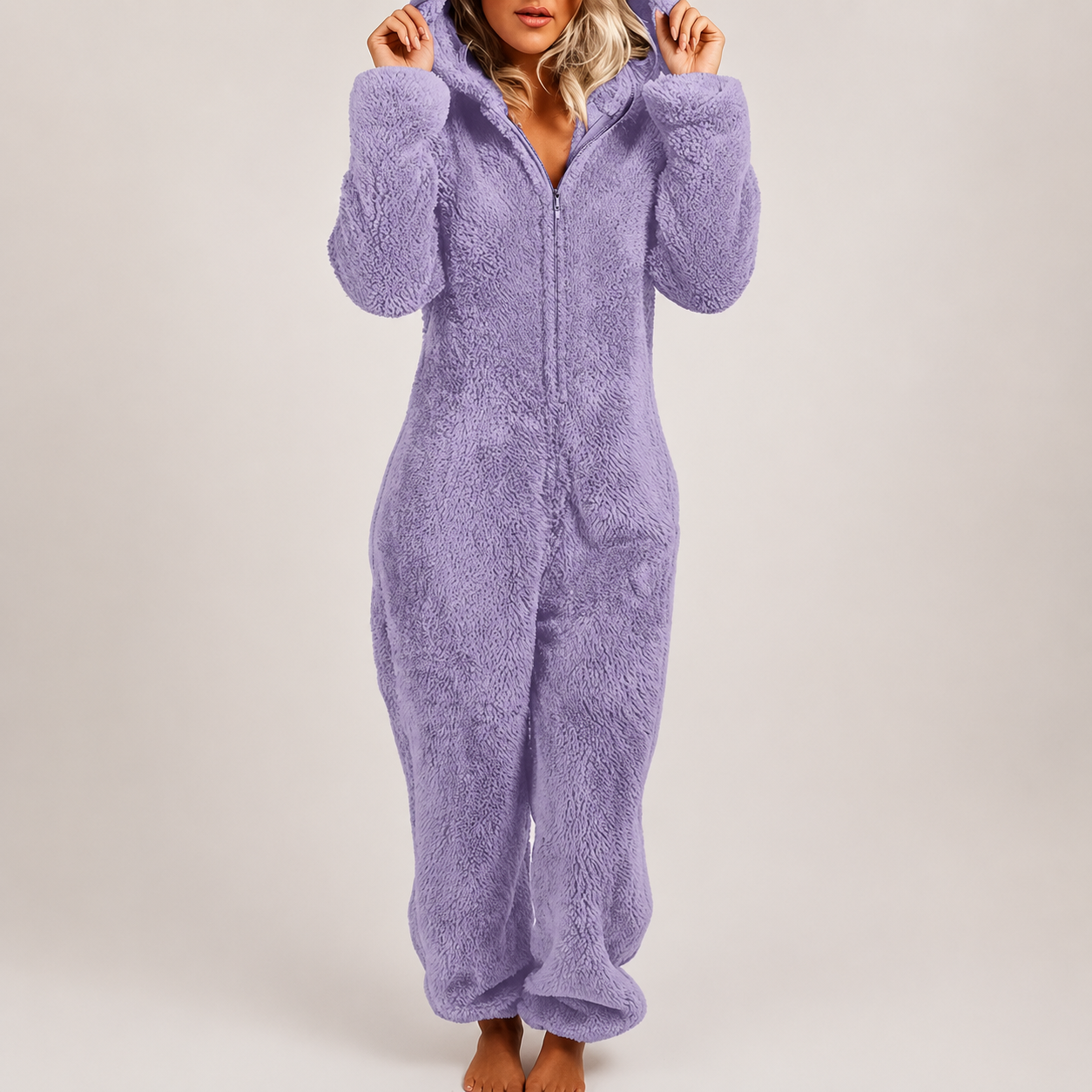 Solid Fall Winter Sleepwear Hooded Plush Pajama Jumpsuit With Zipper For Women