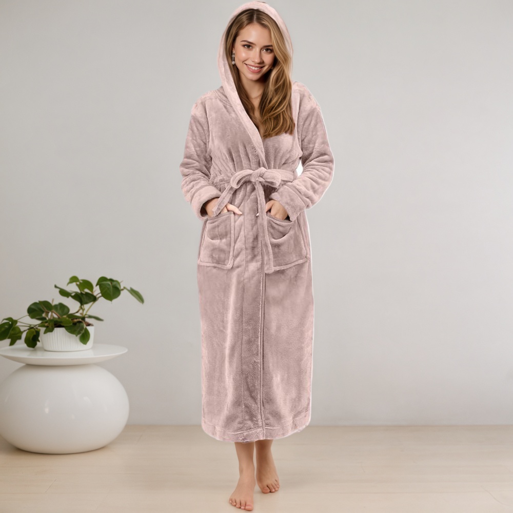 Women Long Hooded Bathrobe With Belt and Pockets
