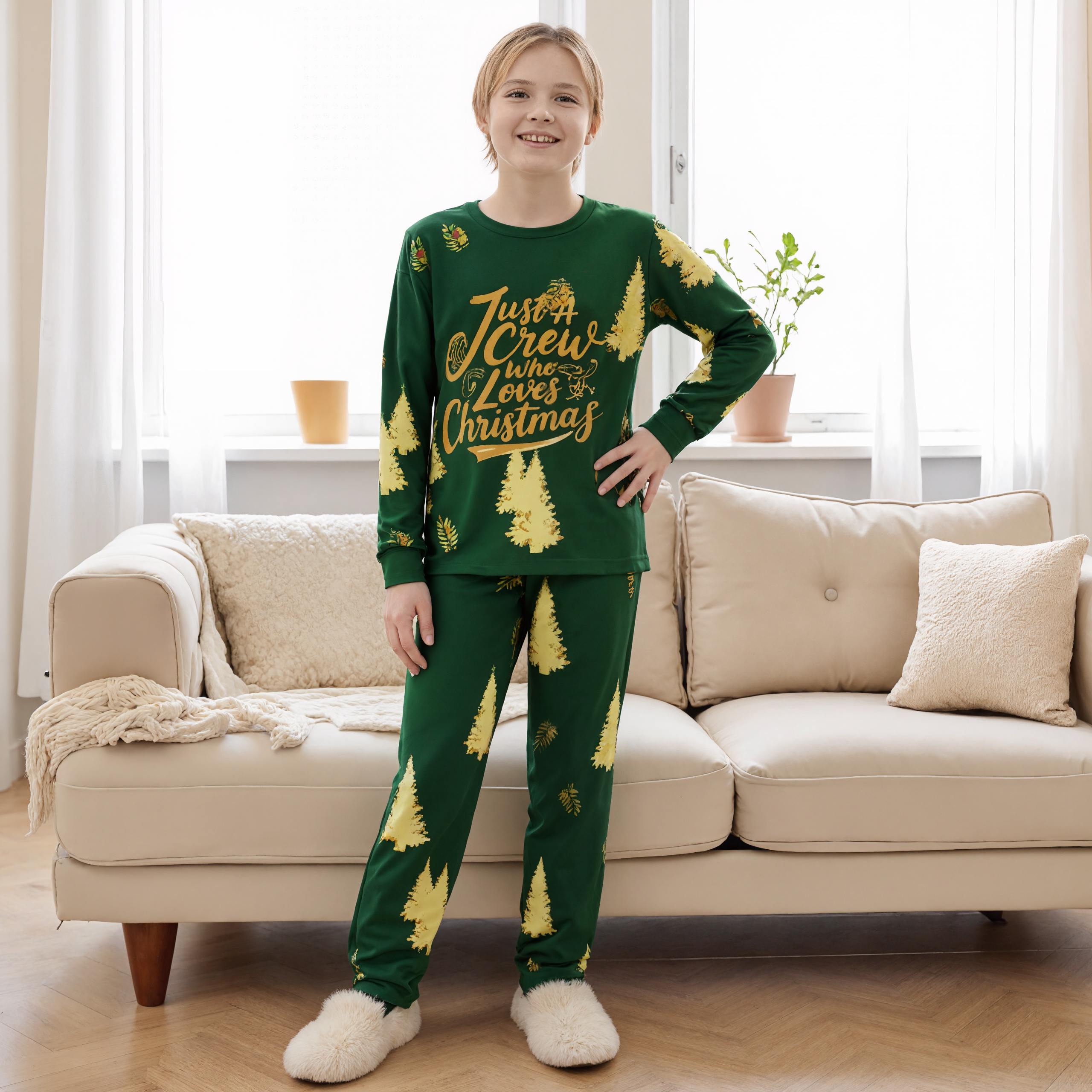 Green and Golden Tree Print Family Matching Pajama Sets