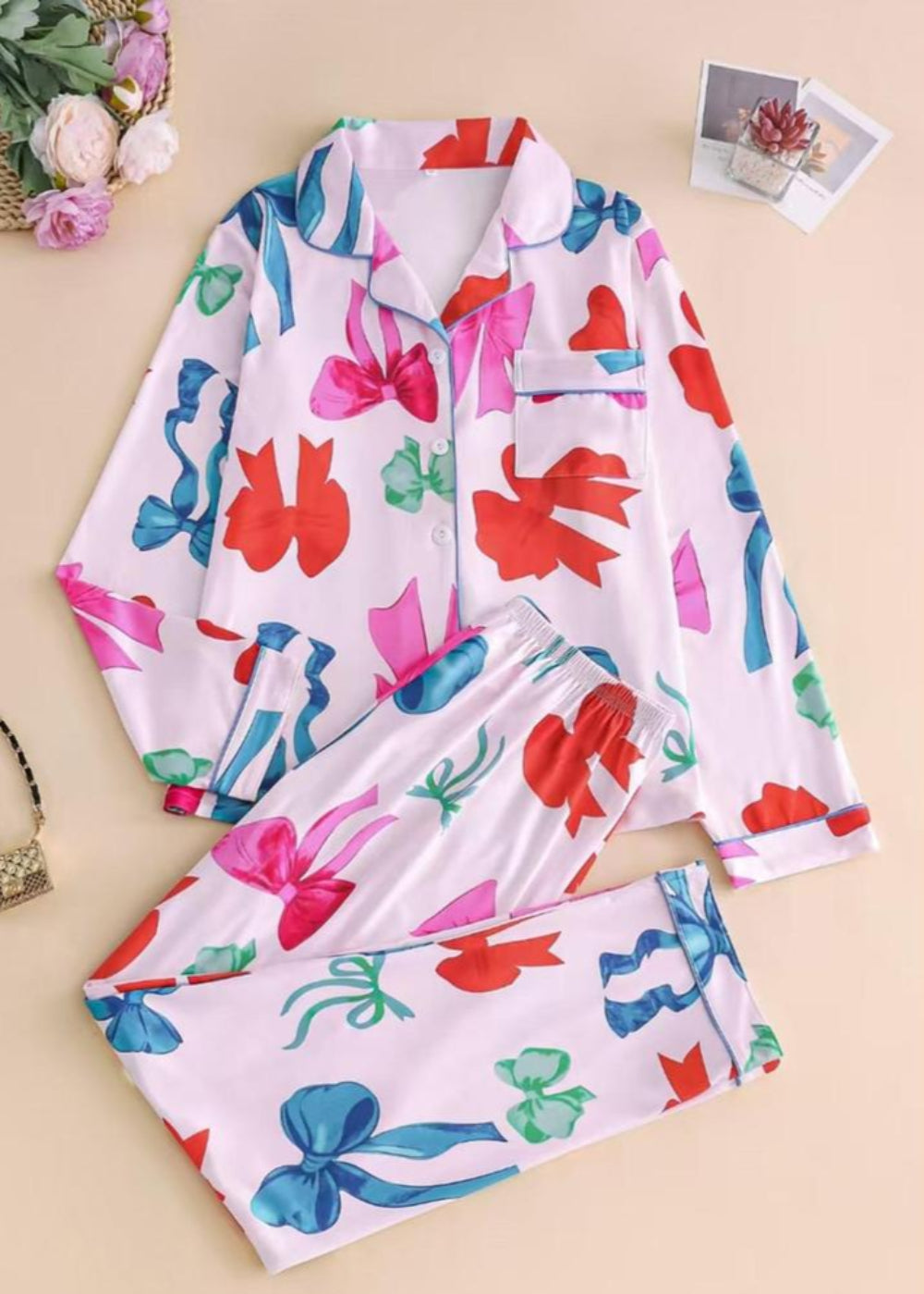 2 Piece Bow Patterned Long Sleeve Pajamas Set-Original Pajamas