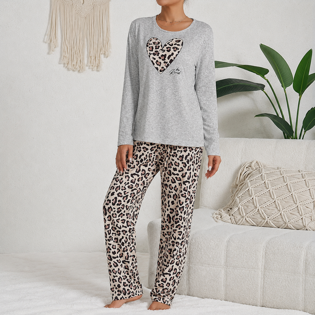 Casual Leopard Long Sleeve Pajama Set For Women